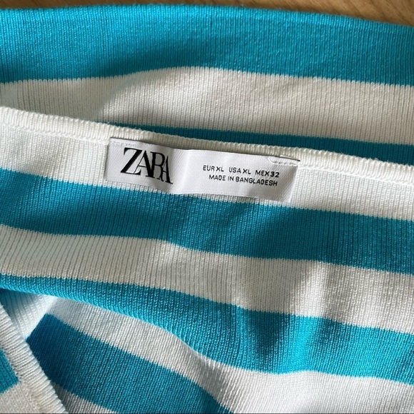 ZARA sz XL Striped Crop Top Bright Blue White Short Sleeve Knit - Picture 6 of 7